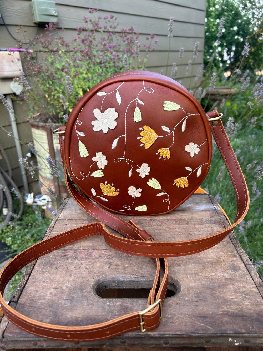 Portland Leather Limited Edition Wildflower Large Circle Crossbody Bag HONEY